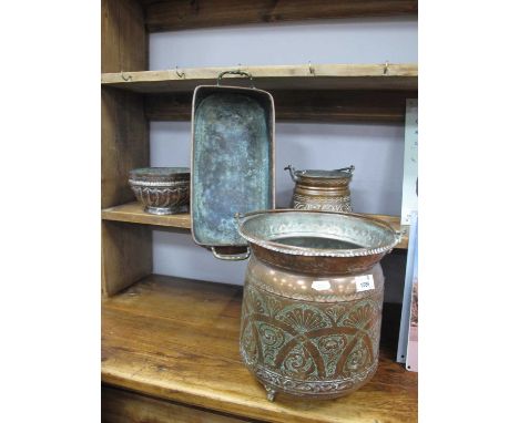 Middle Eastern Copper Pail, heavily engraved and embossed with fans, on three feet, 29cm high, another smaller, rectangular p
