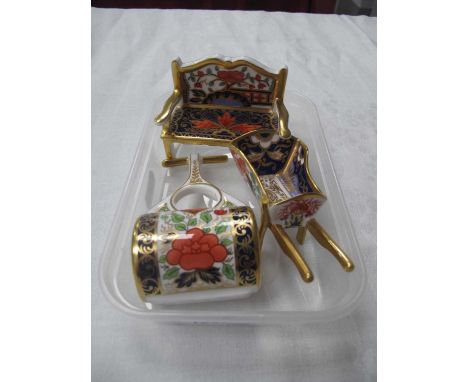 Royal Crown Derby Lotus Blossom Garden Bench, 8.5cm wide, garden roller and wheelbarrow (3).