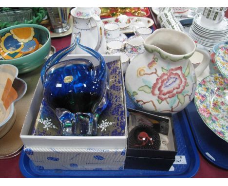 Bohemia Glass Basket Vase, Caithness Polka paperweight, H J Wood 'Chinese Rose' jug:- One Tray