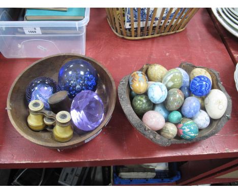 Mineral &amp; Wooden Eggs, Caithness glass paperweight, French opera glasses, snuff box in two wooden bowls.