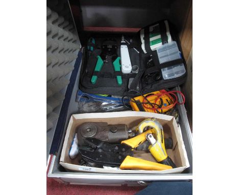 Clarke Digital Multimeter, crimping tools, bottle jack etc, in an aluminium case.