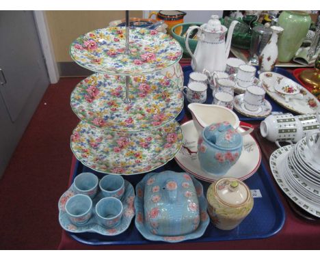 Midwinter Chintz Three Tier Cake Stand, Melba ware breakfast set, Crown Devon 'Stockholm' plates and jug etc:- One Tray.