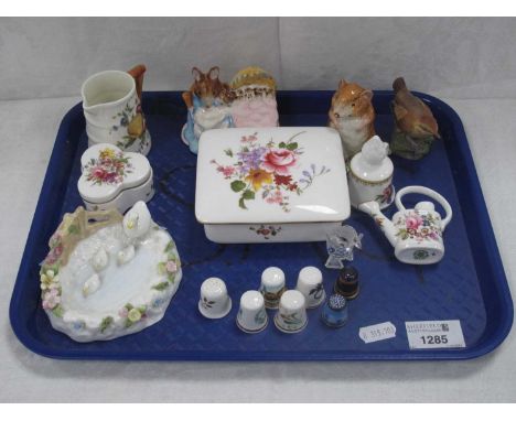 Silver and Enamelled Thimble, ceramic examples, Derby posies, trinket box, Worcester jug, Beswick Beatrix Potter figures, Coa