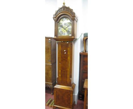 James Stewart Armagh Three Weight Walnut Cased Longcase Clock, hood with arched top and door, reeded columns, trunk with a cr