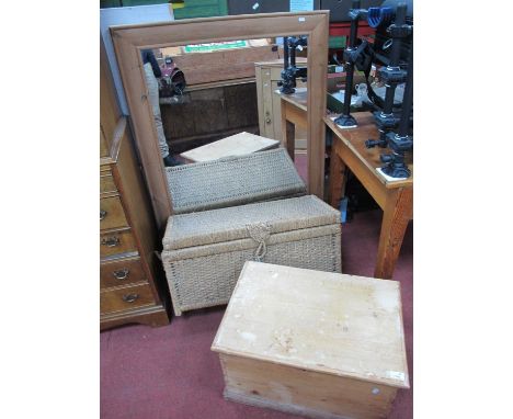 Pine Framed Wall Mirror, 88 x 118cm. XIX Century pine blanket box, wicker example curtains.