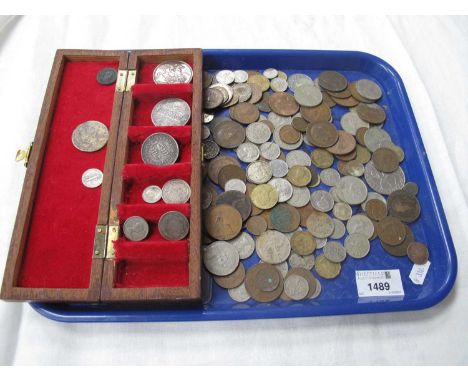 Silver Crown 1889, four silver coins from 1887, other G.B and World coinage, Roman? coins, etc:- One Tray