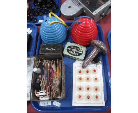 Vintage Needlework Accessories and Silks, set of twelve 'Ladybird' buttons, two beehive string holders