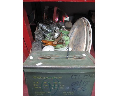 White Metal Jewel Casket, two Chinese hurricane lamps, watch, Indian knife, pottery, mirror, etc:- One Box, two military boxe