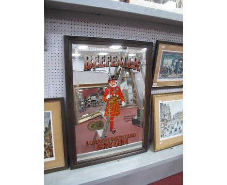 Beefeater Dry Gin Advertising Wall Mirror, featuring Beefeater solider with Tower of London in background, framed,86.5 x 61cm