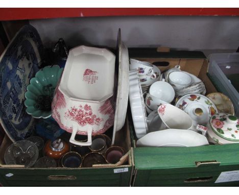 Worcester 'Evesham' Oven to Table Pottery, of nineteen pieces, other ceramics, glass, two Willow pattern meat plates, etc:- T