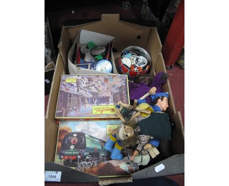 A quantity of vintage jigsaws, darts, puppets, dolls, badges, etc. 1 Box