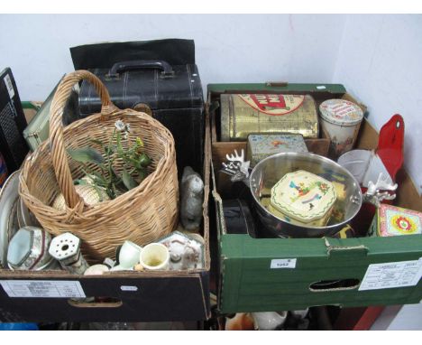 Vintage Tins, enamel 'Sal' pot, basket, records, etc:- Two Boxes.