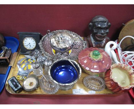 XIX Century Snuff Box, travelling clock, AA badge, Jolly money box, Bretby, Carlton, Lladro, etc:- One TrayThese items are li