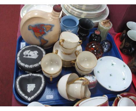 Wedgwood Jasper Ware, Ducal emu wines flask, Grosvenor coffee ware, Ronson onyx lighter, etc:- One Tray.