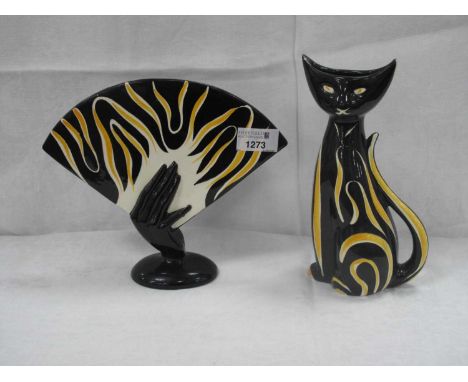 Circa 1950's Vintage Georg Schmider Cat Vase 'Tigris', designed by Anneliese Beckh and a similar fan vase. (2).Cat has chip t