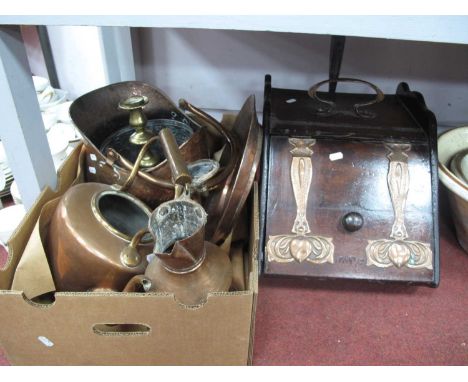 Edwardian Coal scuttle with Art Nouveau Copper Strapwork and Handle, Sankey copper jardiniere, coal helmet, teapot, Middle Ea