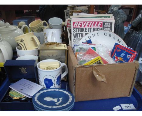 Brass Candlesticks, Wedgwood Jasper dishes (x 4) other Royalty ceramics, enamel trinket box, Lone Star 'Gang Buster' cap gun 