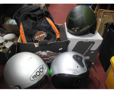 Motor Cycle Helmets, Harley Davidson plus bag, HJC plus gloves, both boxed and roof