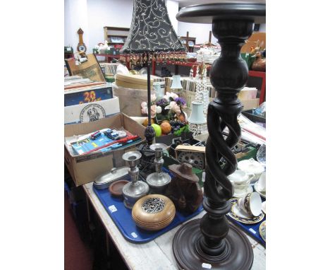 Bronzed Effect Table Lamp, pair of pewter candlesticks, carving of a Gentleman smoking a pipe, jardiniere stand:- One Tray.