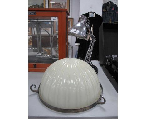 Vintage Opaline Glass Ceiling Light, with plated rim, and later angle poise lamp.,30.5cm diameter, inside rim with small chip