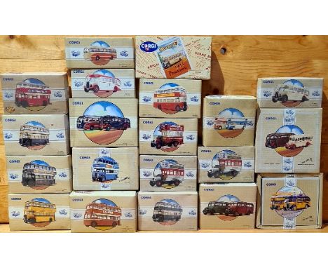 Approx. 25 boxed Corgi die-cast model buses/coaches. 