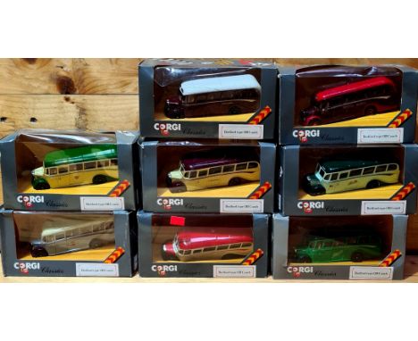 Approx. 8 boxed Corgi die-cast model coaches. 