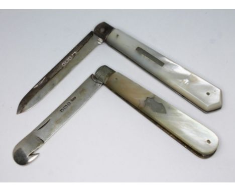 Two hallmarked silver and mother of pearl pen knives, one with hook tip, min. length 84mm &amp; 91mm. 