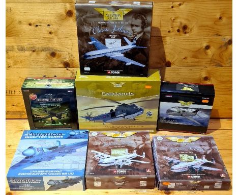 A box of die cast model aircraft including Corgi Predators of the Skies, Aviation Inceptor series, Corgi Classics Aviation Ar