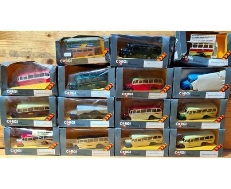 Approx. 15 boxed Corgi die-cast model buses/Coaches. 