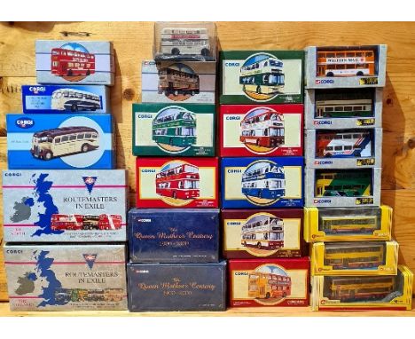 Approx. 28 boxed Corgi and 1 Oxford die-cast model buses/coaches. 