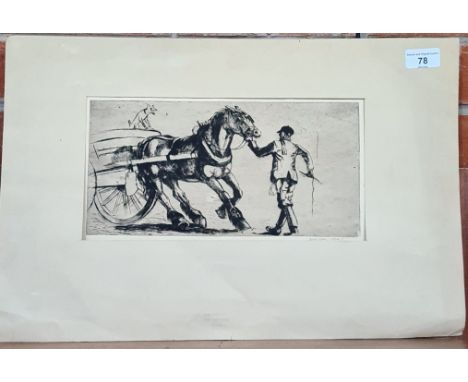 Fred C.Jones, etching, dog in horse cart, 30cm x 15cm, signed and dated lower right. 