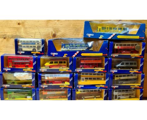 Approx. 16 boxed Corgi die-cast model buses. 