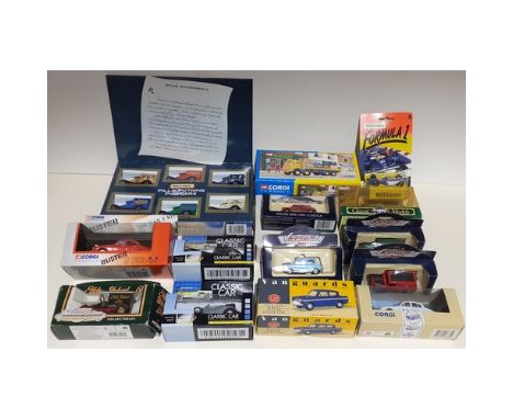 A box containing various die-cast model vehicles including Corgi, Matchbox and Vanguard, all boxed. 