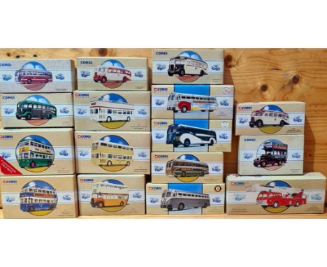 Approx. 15 boxed Corgi die-cast model buses/coaches &amp; 1 fire engine. 