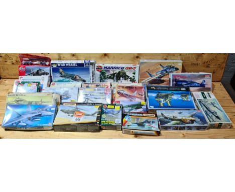 Two boxes containing approx 24 model aircraft kits, including Airfix, Fujimi, Italeri, Matchbox  and Frog 