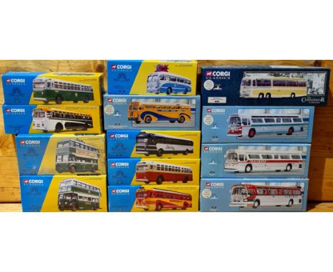 Approx. 13 boxed Corgi die-cast model buses/Coaches 