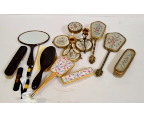 Embroidered vintage dressing set, part set and 2 brushes and mirror with tortoise shell pattern. 
