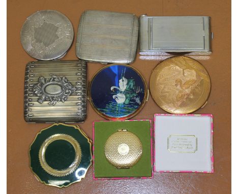 A Continental white metal compact marked '900', together with two cigarette cases one marked 'Argentan' and the other 'Alpacc