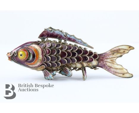 Silver and enamel articulated fish pendant, approx 70mm, approx 19.6 gms.&nbsp;