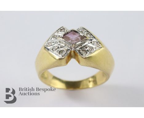 18ct yellow gold amethyst and diamond ring, the amethyst measures approx 5 x 4 mm, set with approx  pts of dias, size K, appr