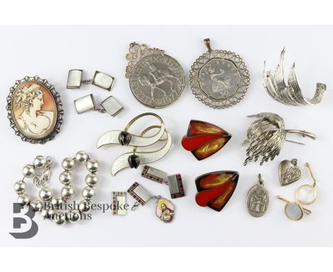 Miscellaneous silver jewellery, including silver-mounted coins, shell cameo brooch, 925 beaded bracelet, cufflink's, St Chris