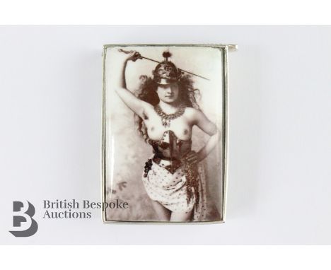 Silver plated and enamel vesta, depicting a feminine nude, approx 48 x 33 x 7 cms.&nbsp;