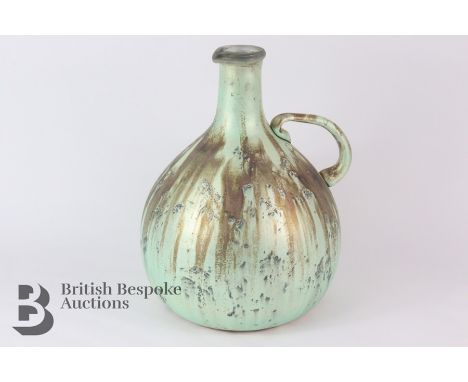 Celadon green lustre glass bottle flask, approx 39 h x 40 cms d.&nbsp;