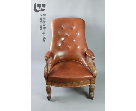 Button back faux-leather chair, Victorian frame but with recent upholstery on decorative carving to the lower arm support and