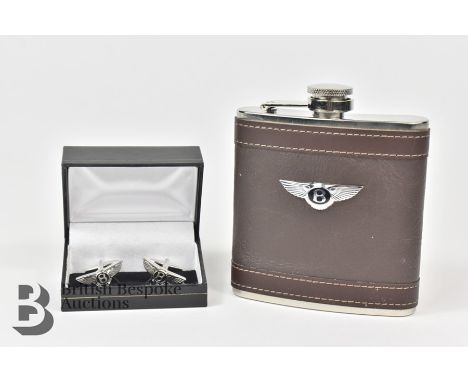 Bentley interest - a pair of unisex shirt cufflink's, in the original box as issued and a very attractive drinks flask for th