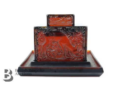 Rene Lalique "Biches" inkwell of deep amber glass, circa 1912, approx 15 x 15 x 12 cms, signed R. Lalique France.Note: condit