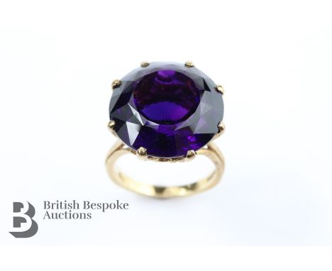 9ct gold amethyst dress ring, the amethyst measures approx 18mm x 12mm, size P, approx 9 gms.&nbsp;