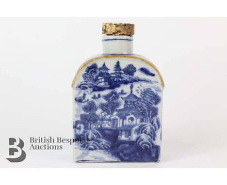 Blue and white Chinese bottle flask, 19th century, painted with views of pagoda, approx 11 h x 8 w cms.&nbsp;