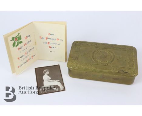 WWI brass Princess Mary tin. This example is the smoker's box, containing an 1 oz of pipe tobacco and twenty cigarettes, alon
