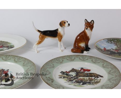 John Beswick figurines, including a finely painted hound approx 15 h x 15 l cms and a seated fox approx 14 cms h together wit